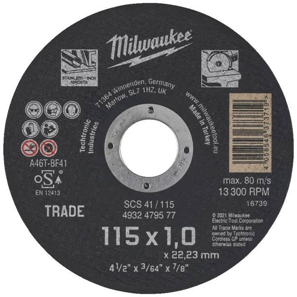 Lõikeketas 115×1.0x22.23mm Milwaukee Steel A46TBF 13300rpm max 80m/s