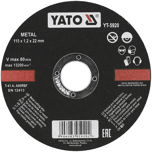 Lõikeketas 115×1.2×22.2mm YATO Metal A60RBF 13200rpm 80m/s 5920