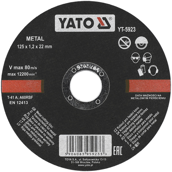 Lõikeketas 125×1.2×22.2mm YATO Metal A60RBF 12200rpm 80m/s 5923