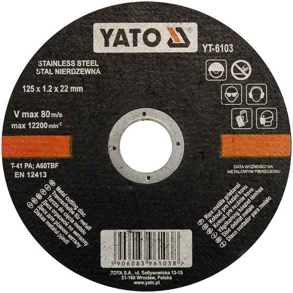 Lõikeketas 125×1.2×22.2mm YATO Inox A60TBF 12200rpm 80m/s 6103